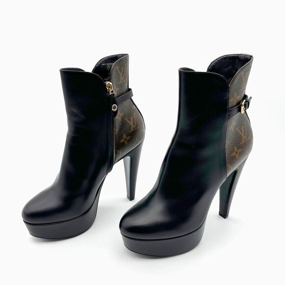 LOUIS VUITTON Afterglow Platform Heeled Boot Size 39 US 8.5 Black Brown Monogram - Picture 1 of 12